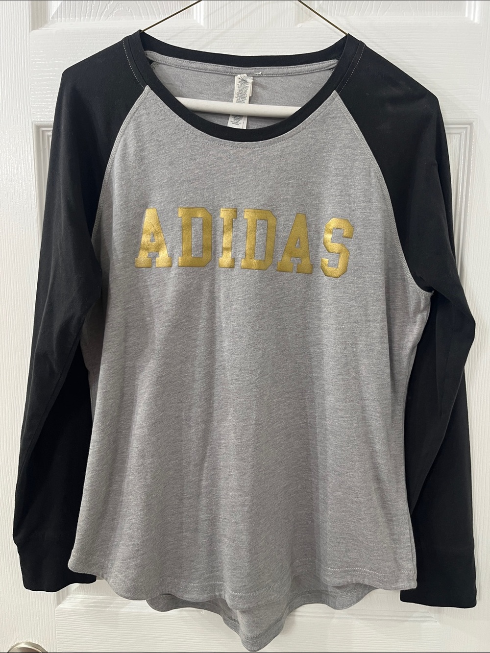 Women’s adidas Gray Long-Sleeve Raglan Tee with Black Sleeves and Gold Logo